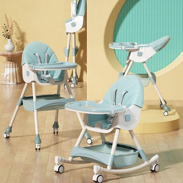 Baby feeding chair used as a high chair for feeding, lower chair and a rocking chair for entertaining. Built on a sturdy thickened steel frame with a stable, golden triangle design, the chair ensures supreme safety and reliability. For 6 months to 4 years. Reclining backrest, adjustable double tray to meet the needs of different body types and ages. Waterproof PU leather cushion for easy cleaning.